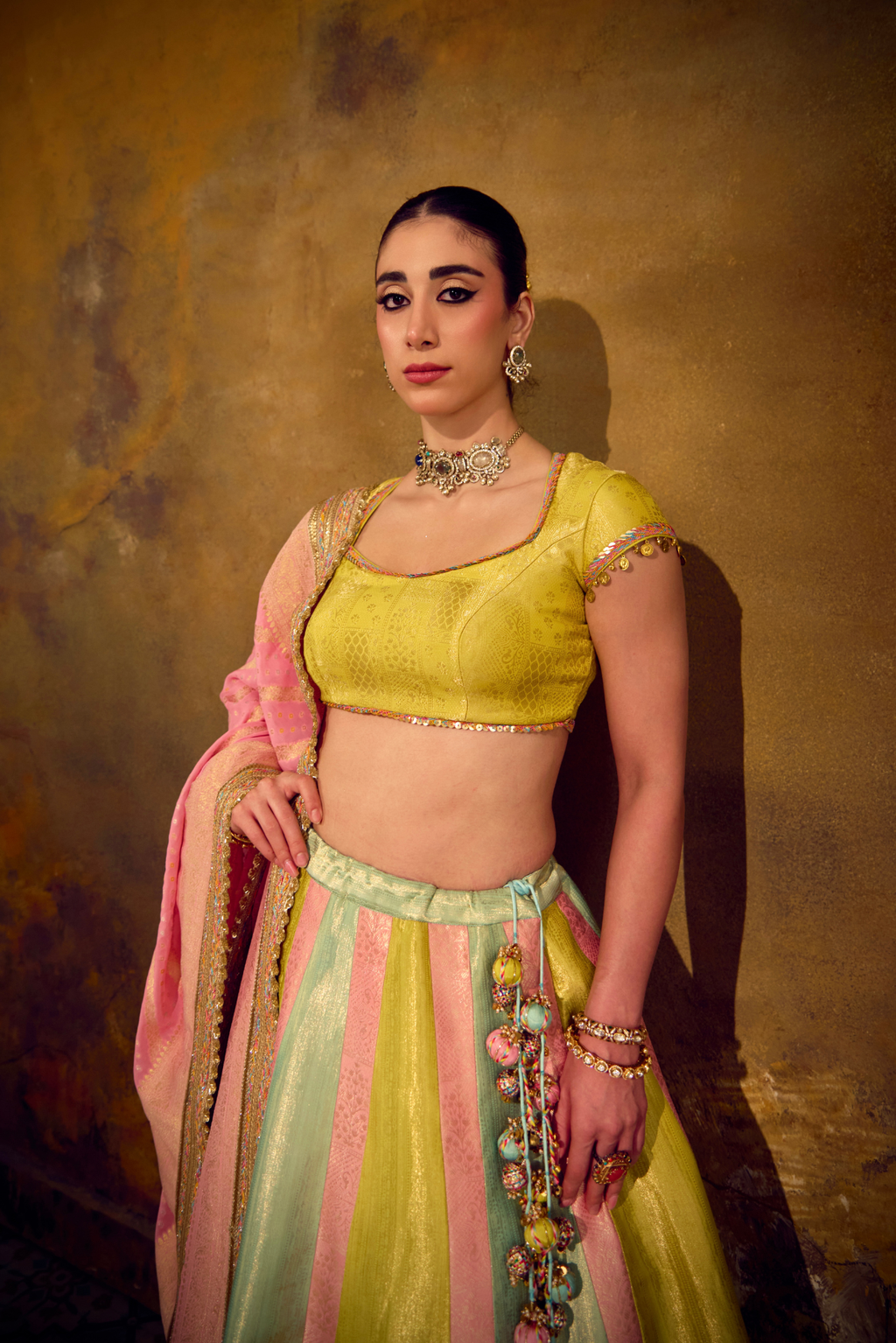 Naad Pari- Pastel Tones Multi Colour Lehenga with Cap Sleeves blouse and Dupatta