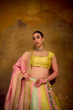 Naad Pari- Pastel Tones Multi Colour Lehenga with Cap Sleeves blouse and Dupatta