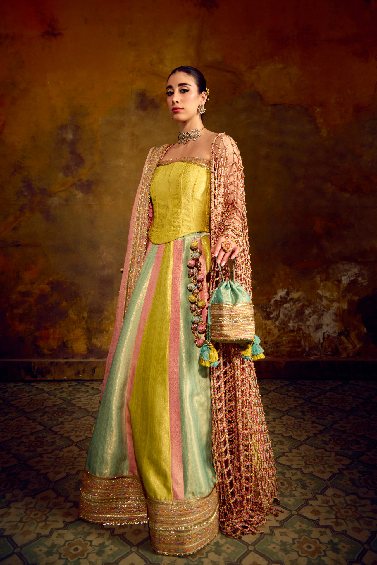 Naad Indradhanush- Pastel Tones Multi Colour Lehenga with Corset and Ghunghroo Jaal