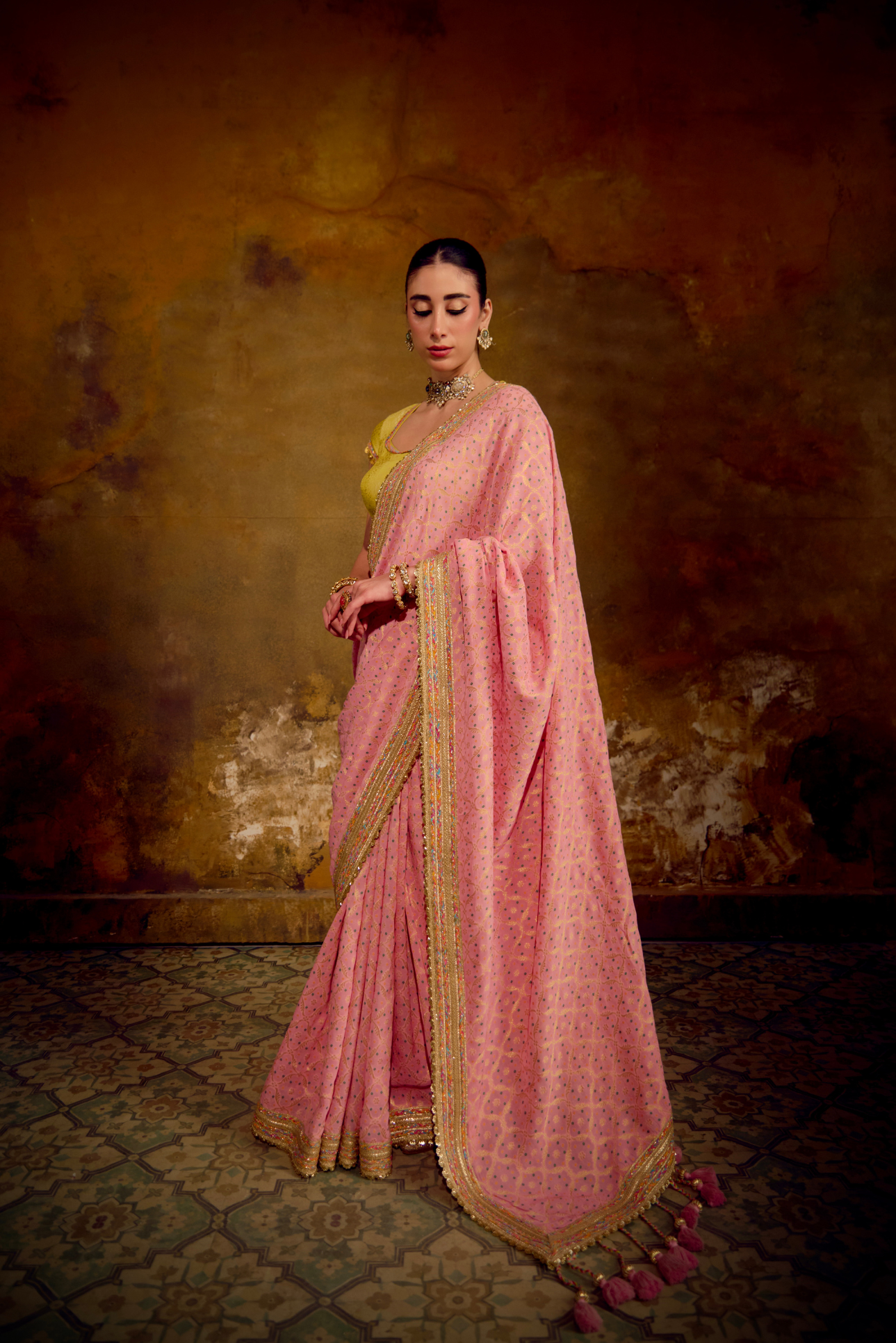 Naad Gulabo - Blush Pink Saree with Lime Green Blouse