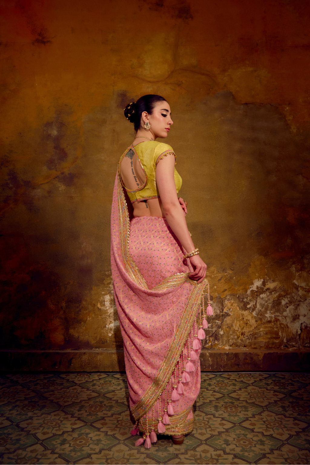 Naad Gulabo - Blush Pink Saree with Lime Green Blouse