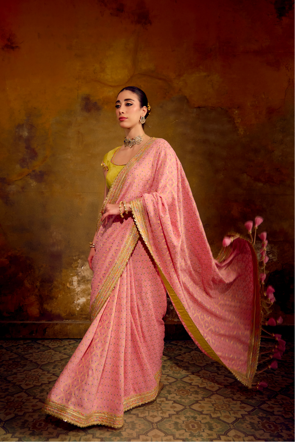 Naad Gulabo - Blush Pink Saree with Lime Green Blouse