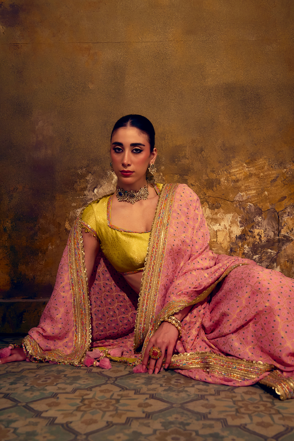 Naad Gulabo - Blush Pink Saree with Lime Green Blouse