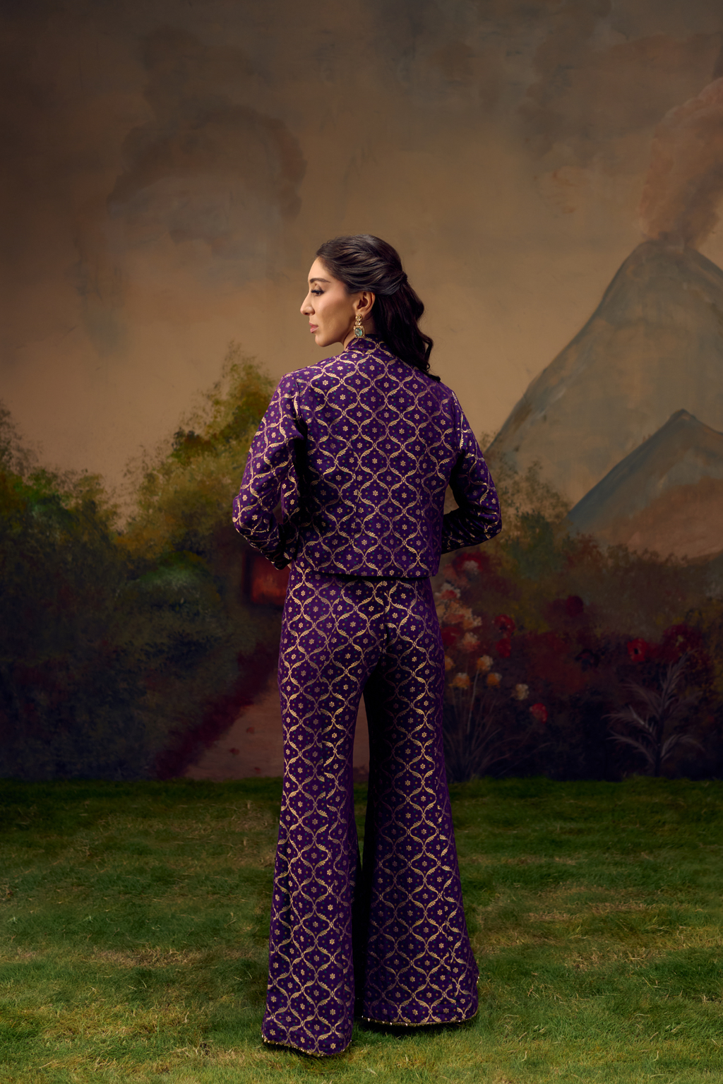 Naad Neelambari - Purple Jacket Set with Flared Pants and Tassles Detailing