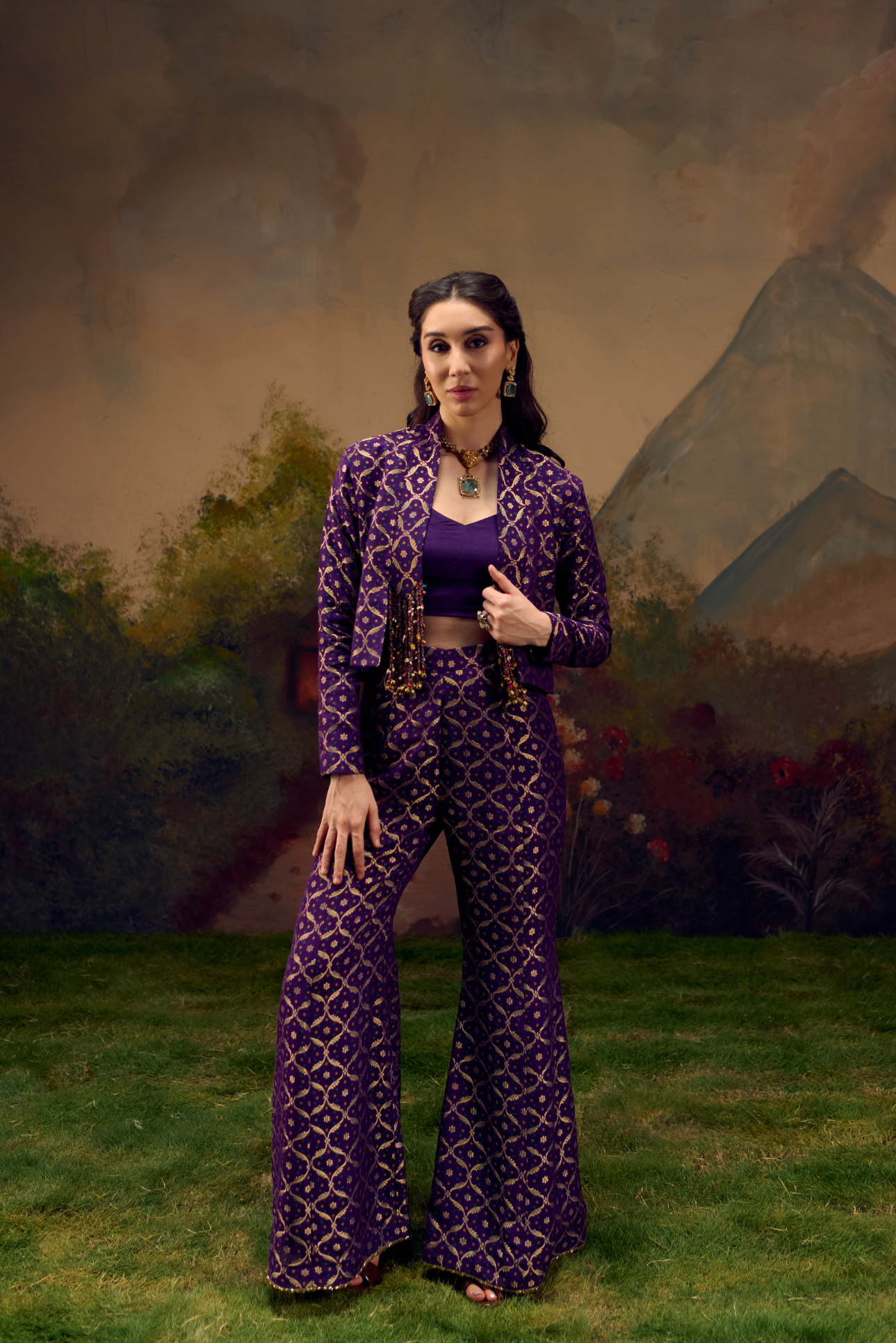 Naad Neelambari - Purple Jacket Set with Flared Pants and Tassles Detailing