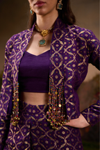 Naad Neelambari - Purple Jacket Set with Flared Pants and Tassles Detailing
