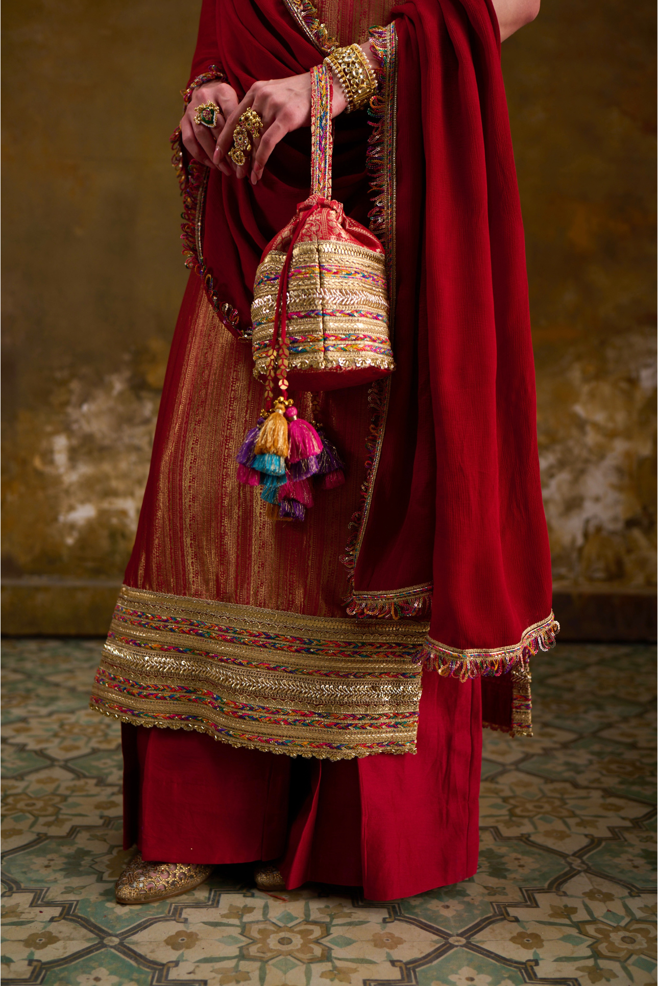 Naad Sindur - Red Spaghetti Kurta Set with Palazzo and Dupatta