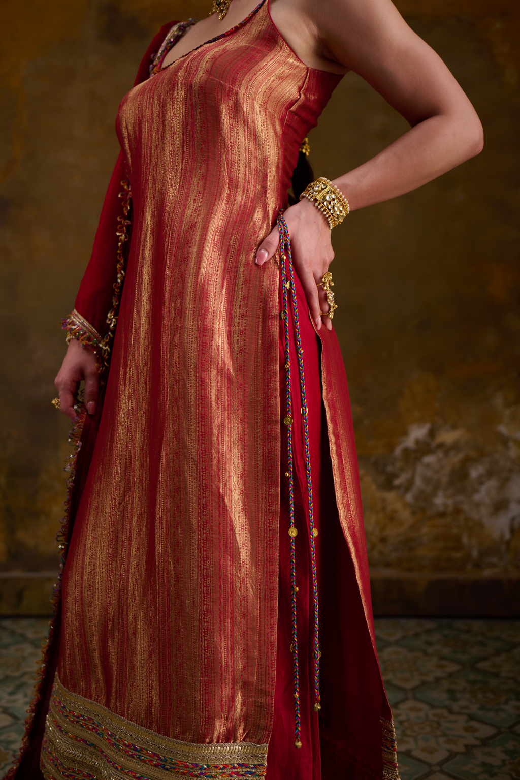 Naad Sindur - Red Spaghetti Kurta Set with Palazzo and Dupatta