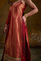 Naad Sindur - Red Spaghetti Kurta Set with Palazzo and Dupatta