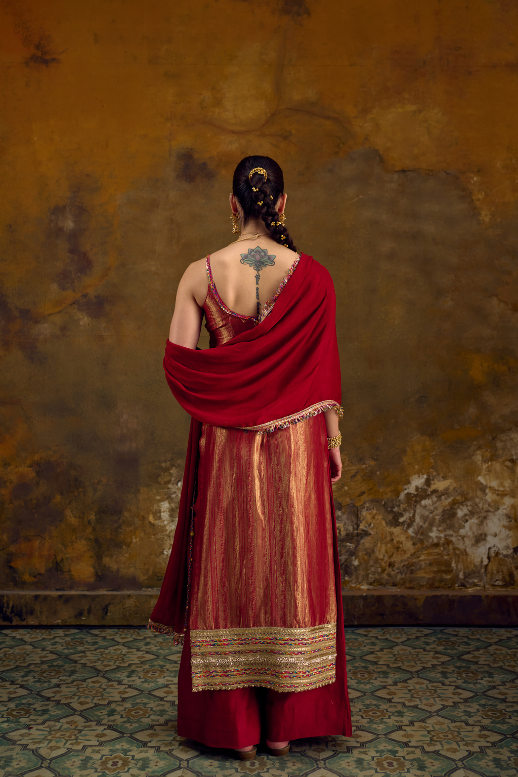 Naad Sindur - Red Spaghetti Kurta Set with Palazzo and Dupatta