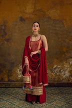 Naad Sindur - Red Spaghetti Kurta Set with Palazzo and Dupatta