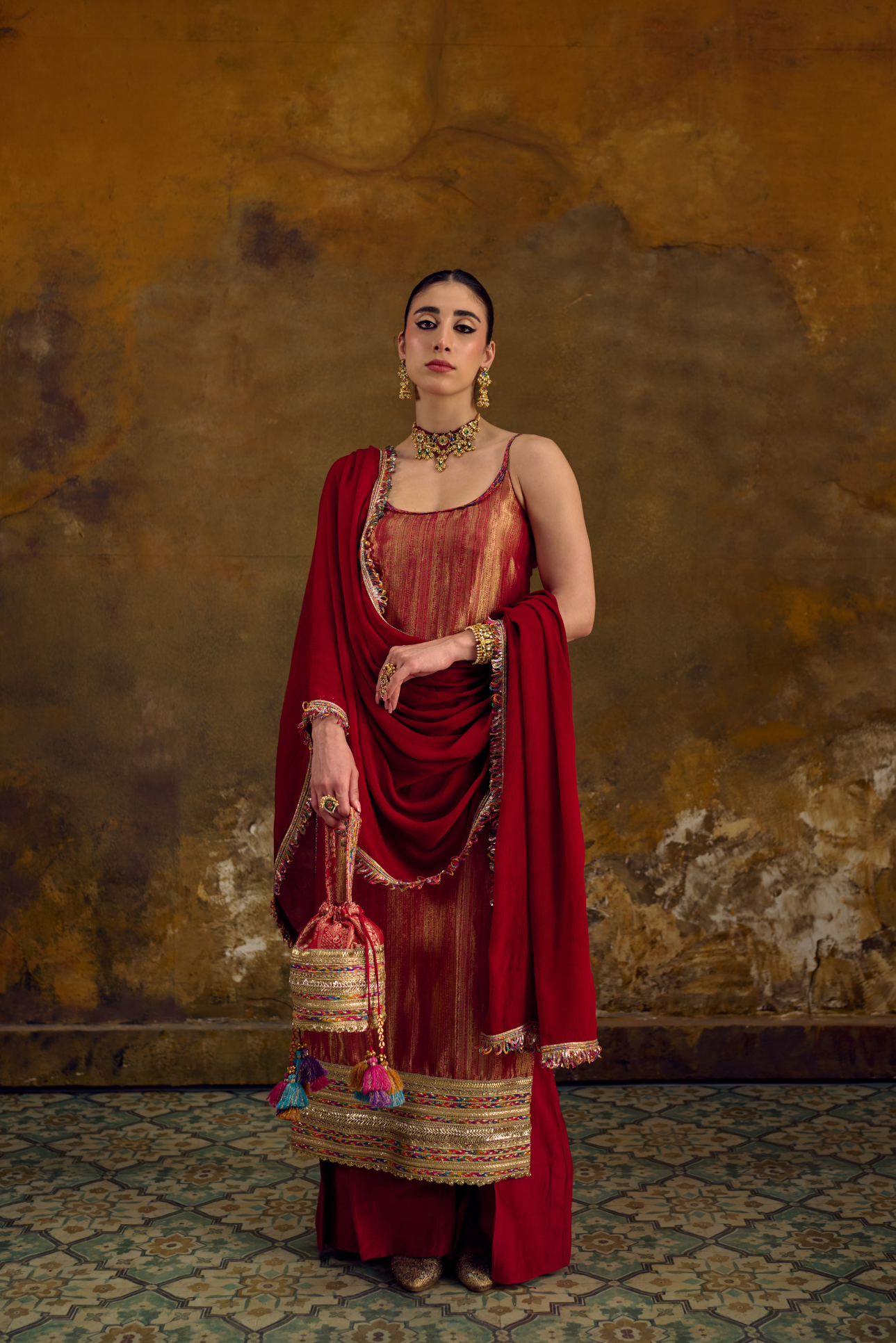 Naad Sindur - Red Spaghetti Kurta Set with Palazzo and Dupatta