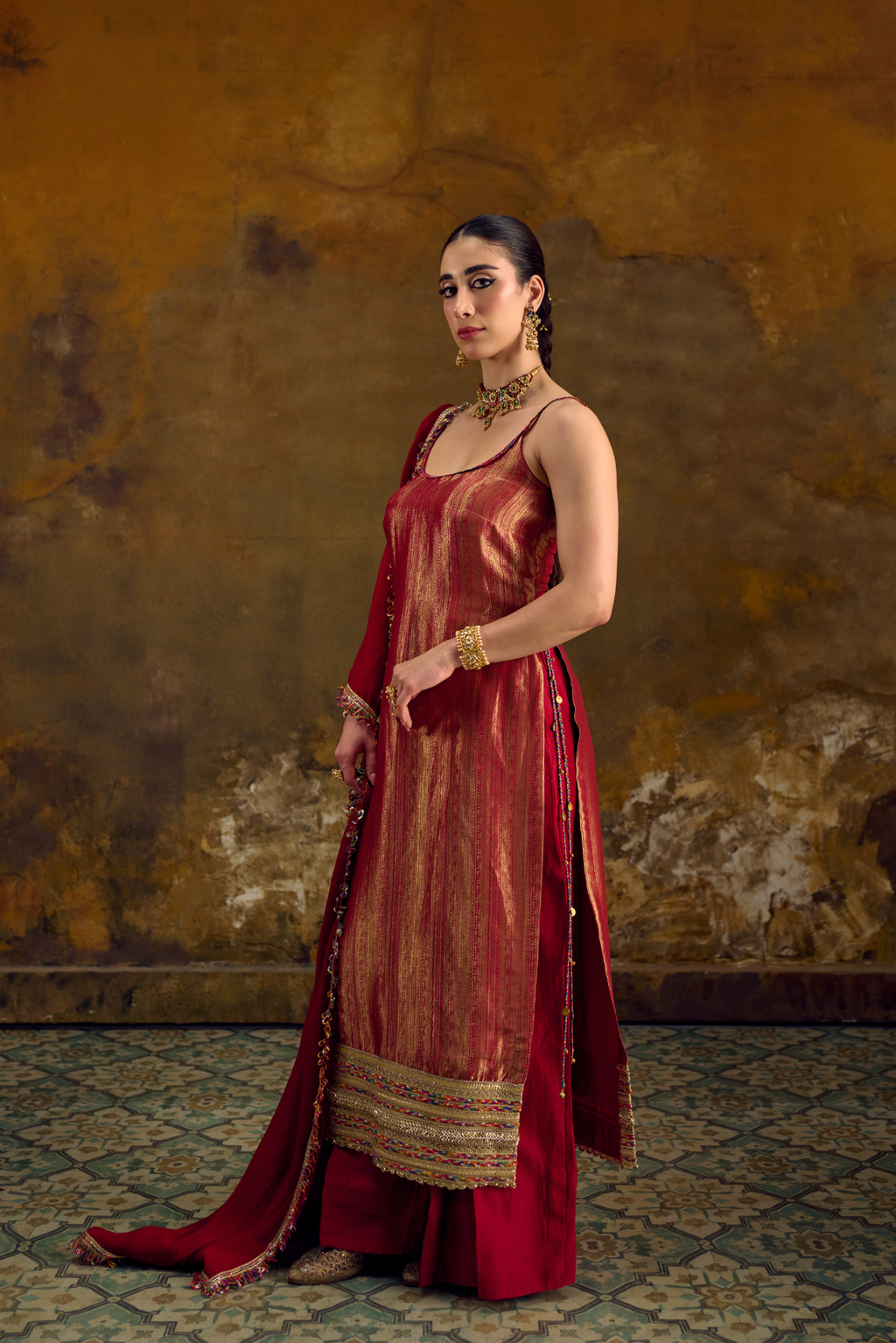 Naad Sindur - Red Spaghetti Kurta Set with Palazzo and Dupatta