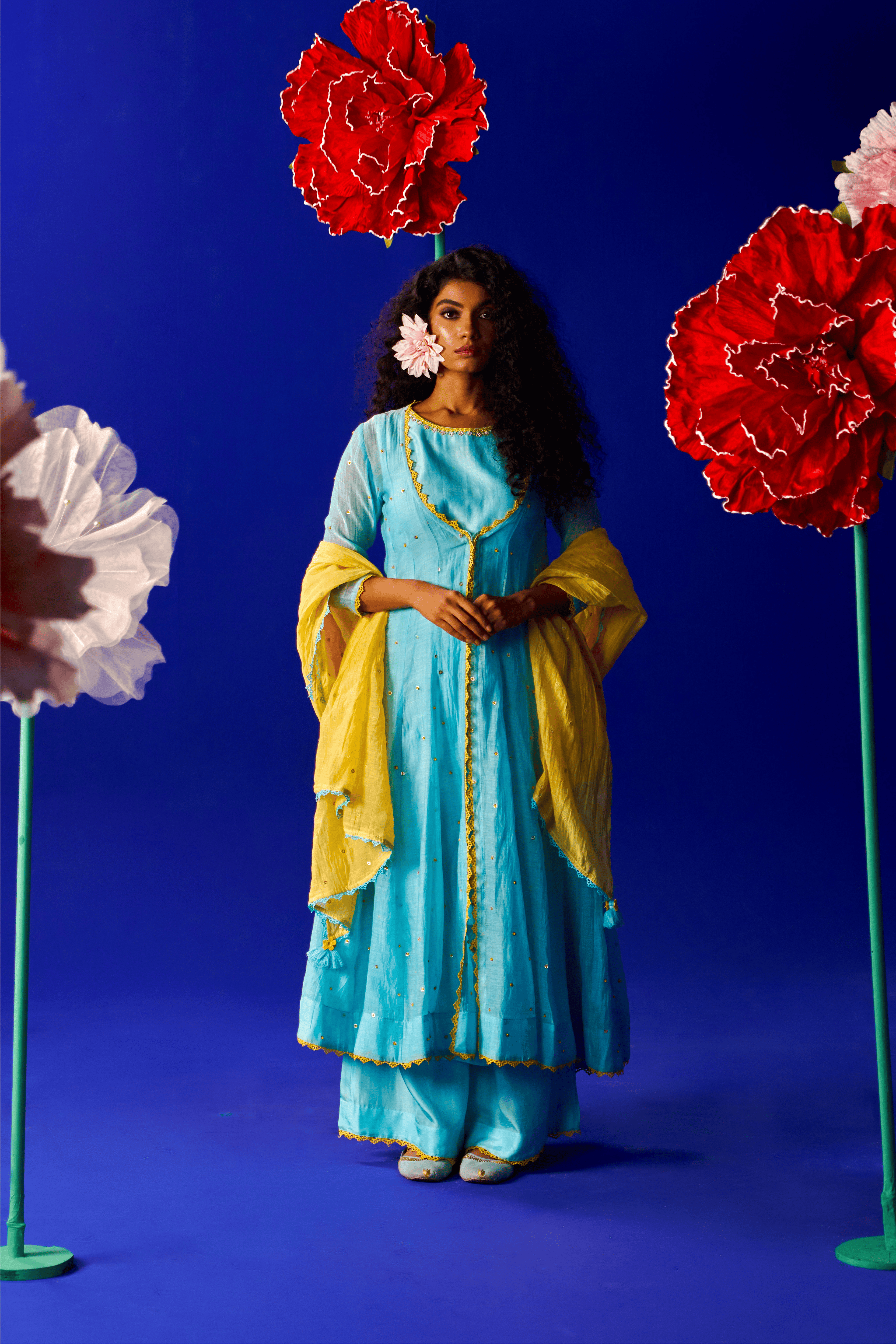 Bluebell - Aqua Blue Hand Embroidered Kurta Set with Long Jacket