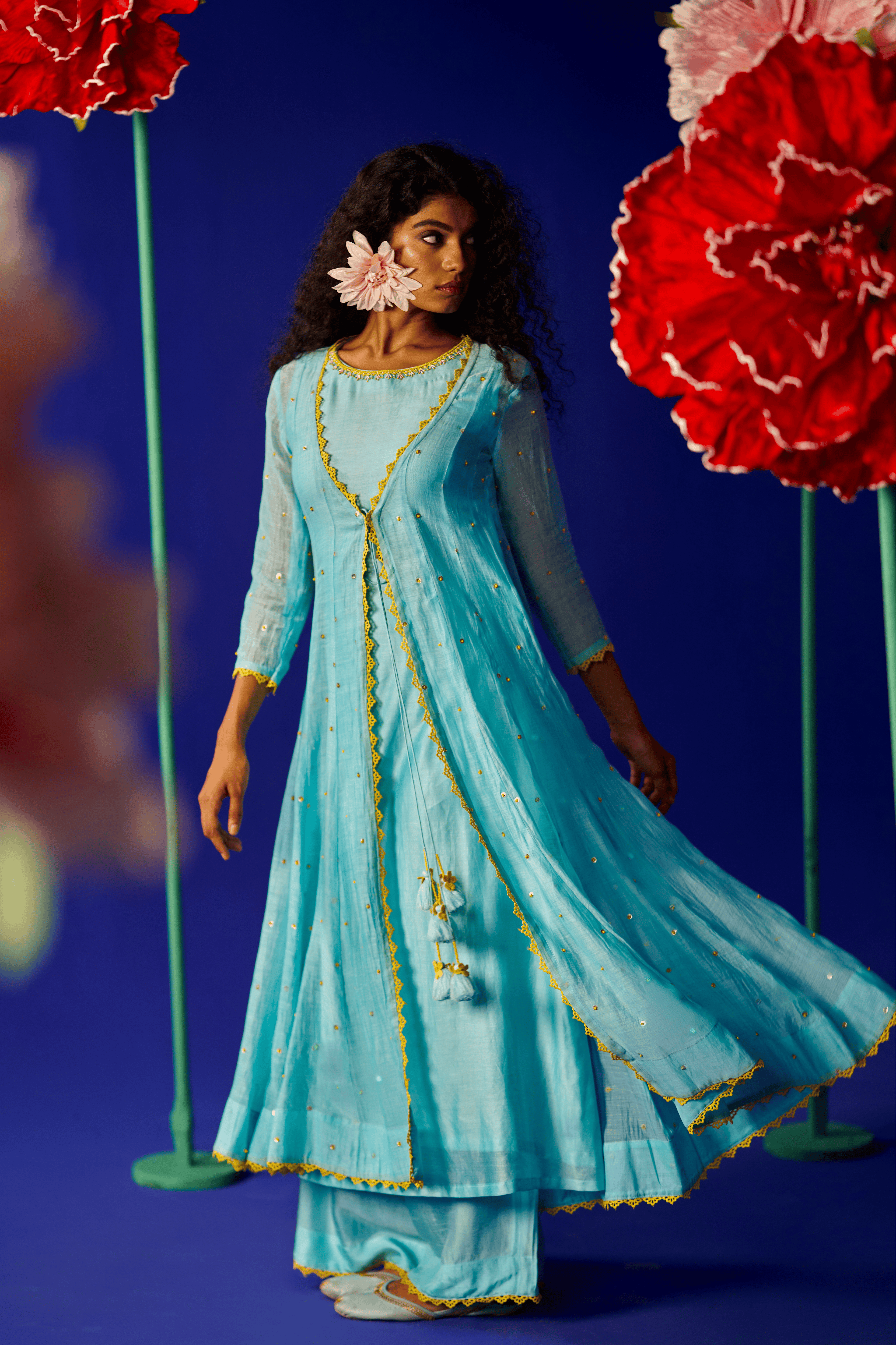 Bluebell - Aqua Blue Hand Embroidered Kurta Set with Long Jacket
