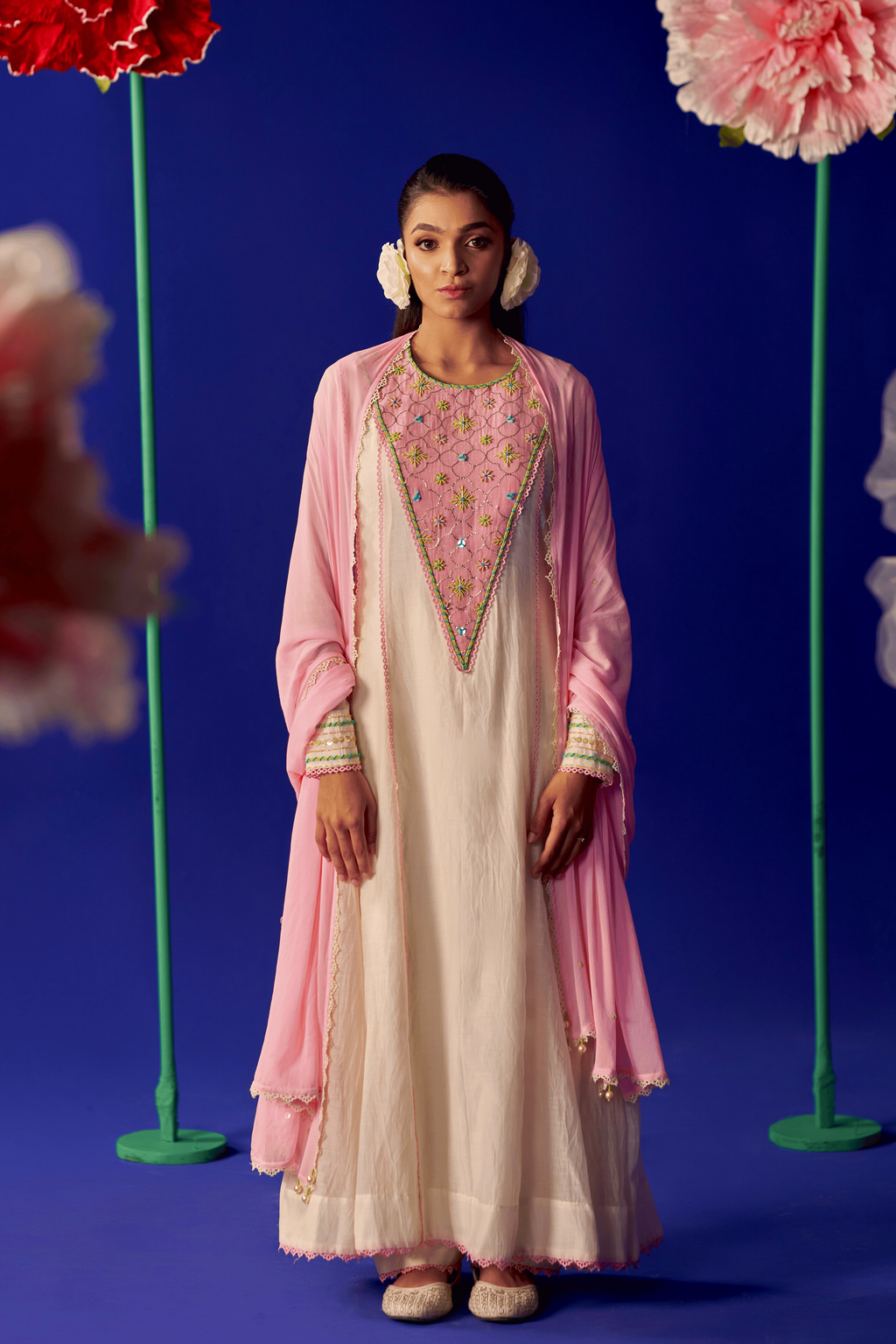 Blush Camellia - Ivory Anarkali Set with Blush Pink Hand Embroidered Patch
