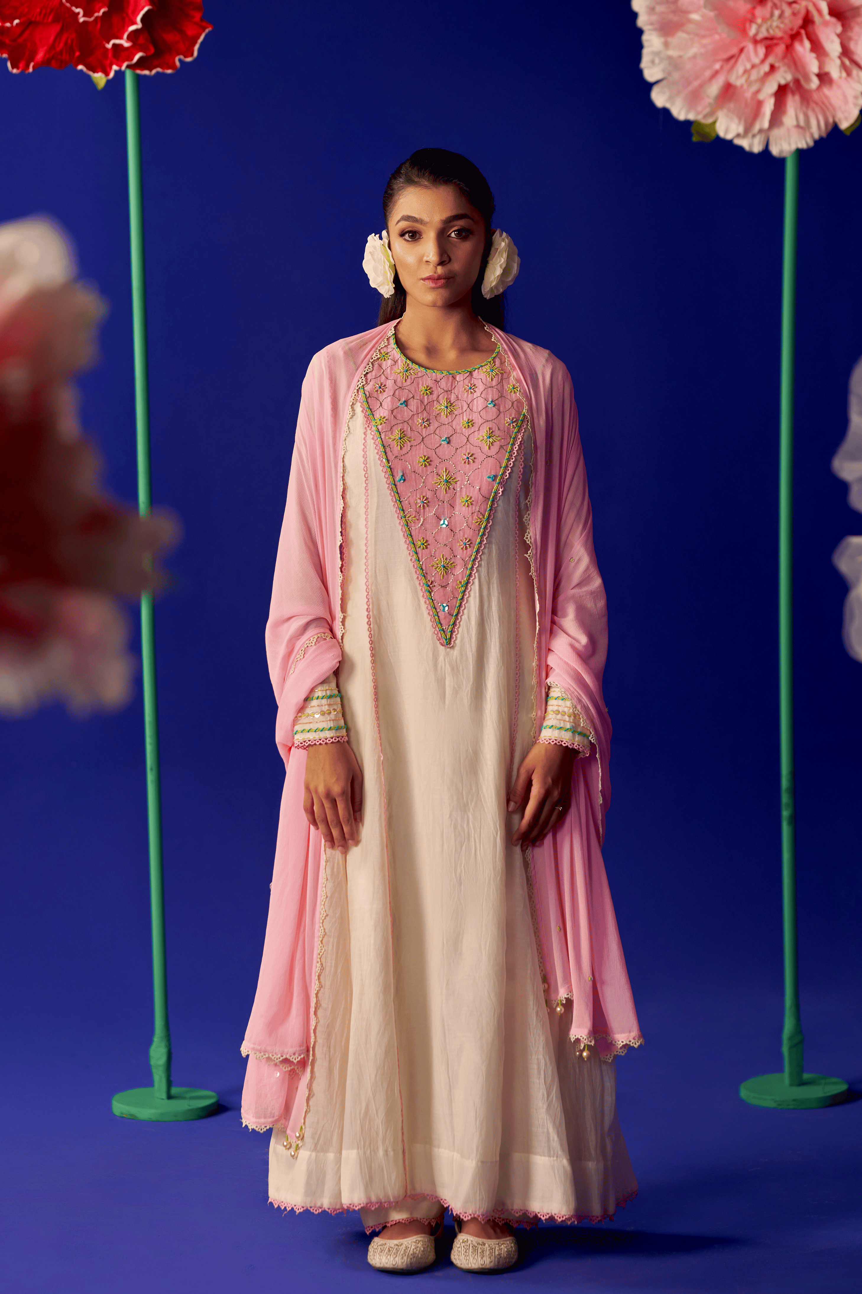 Blush Camellia - Ivory Anarkali Set with Blush Pink Hand Embroidered Patch