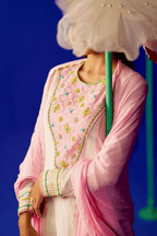 Blush Camellia - Ivory Anarkali Set with Blush Pink Hand Embroidered Patch