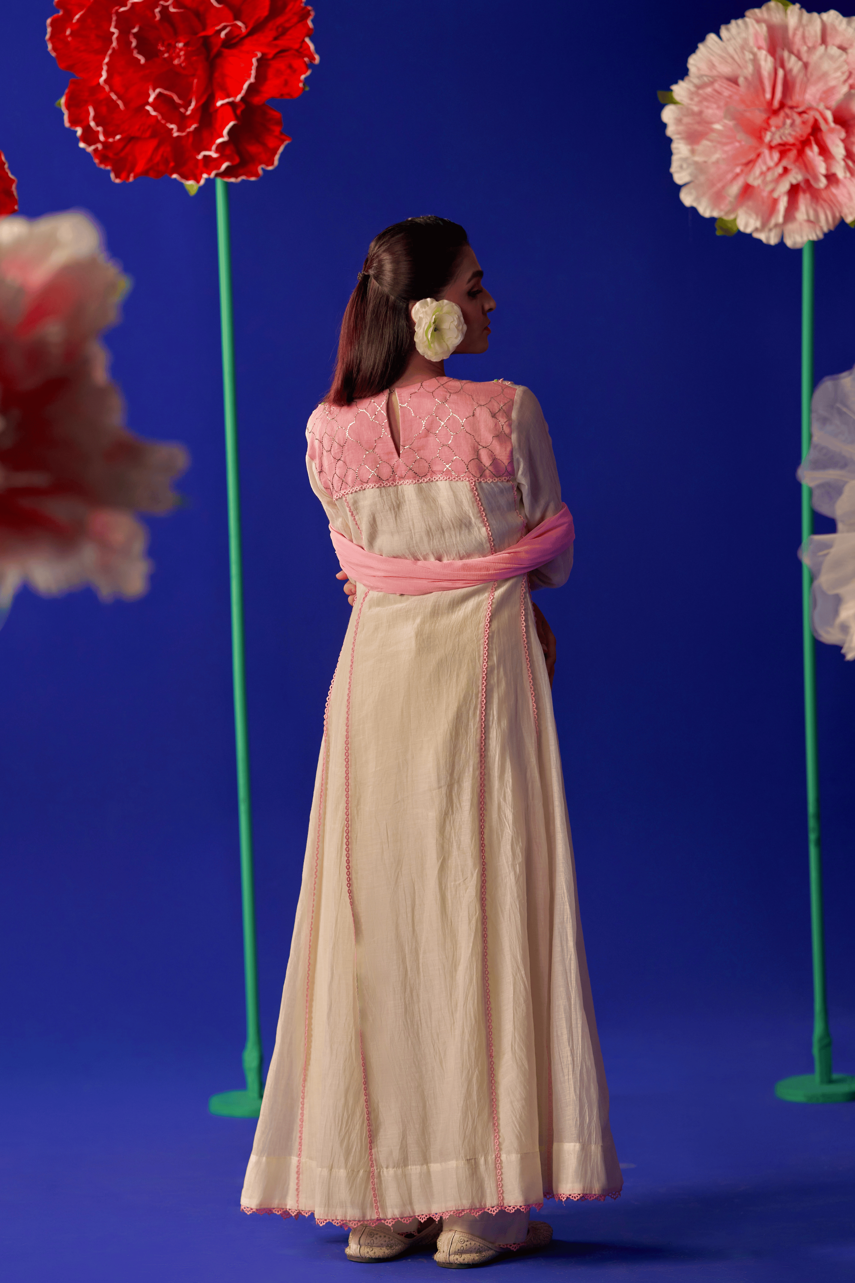 Blush Camellia - Ivory Anarkali Set with Blush Pink Hand Embroidered Patch