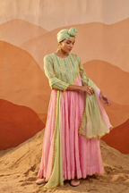 Pistachio Blush - Blush Pink Anarkali Set with Mint Green Hand Embroidered Patch