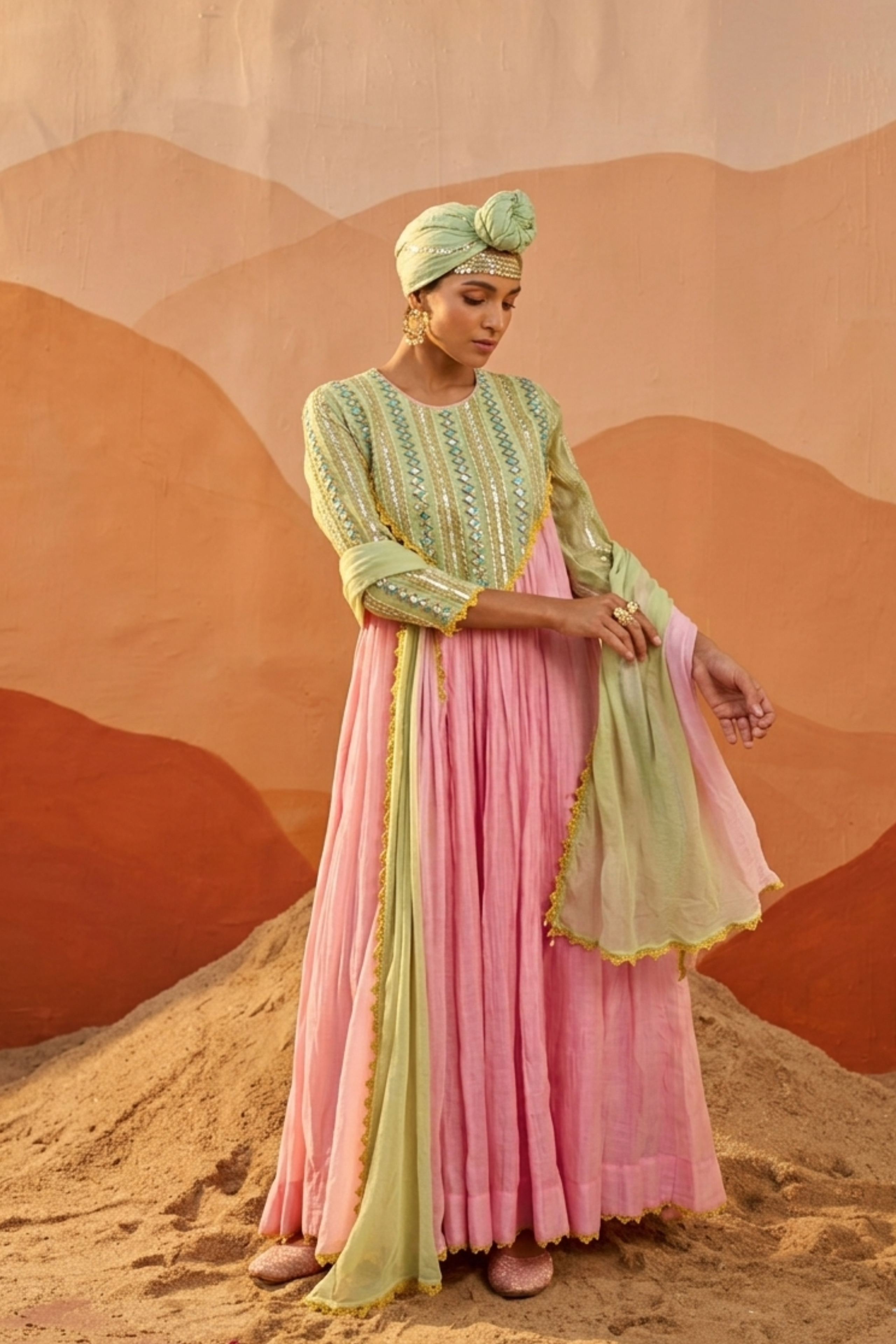 Pistachio Blush - Blush Pink Anarkali Set with Mint Green Hand Embroidered Patch