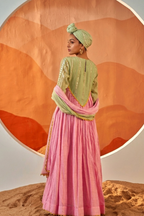 Pistachio Blush - Blush Pink Anarkali Set with Mint Green Hand Embroidered Patch