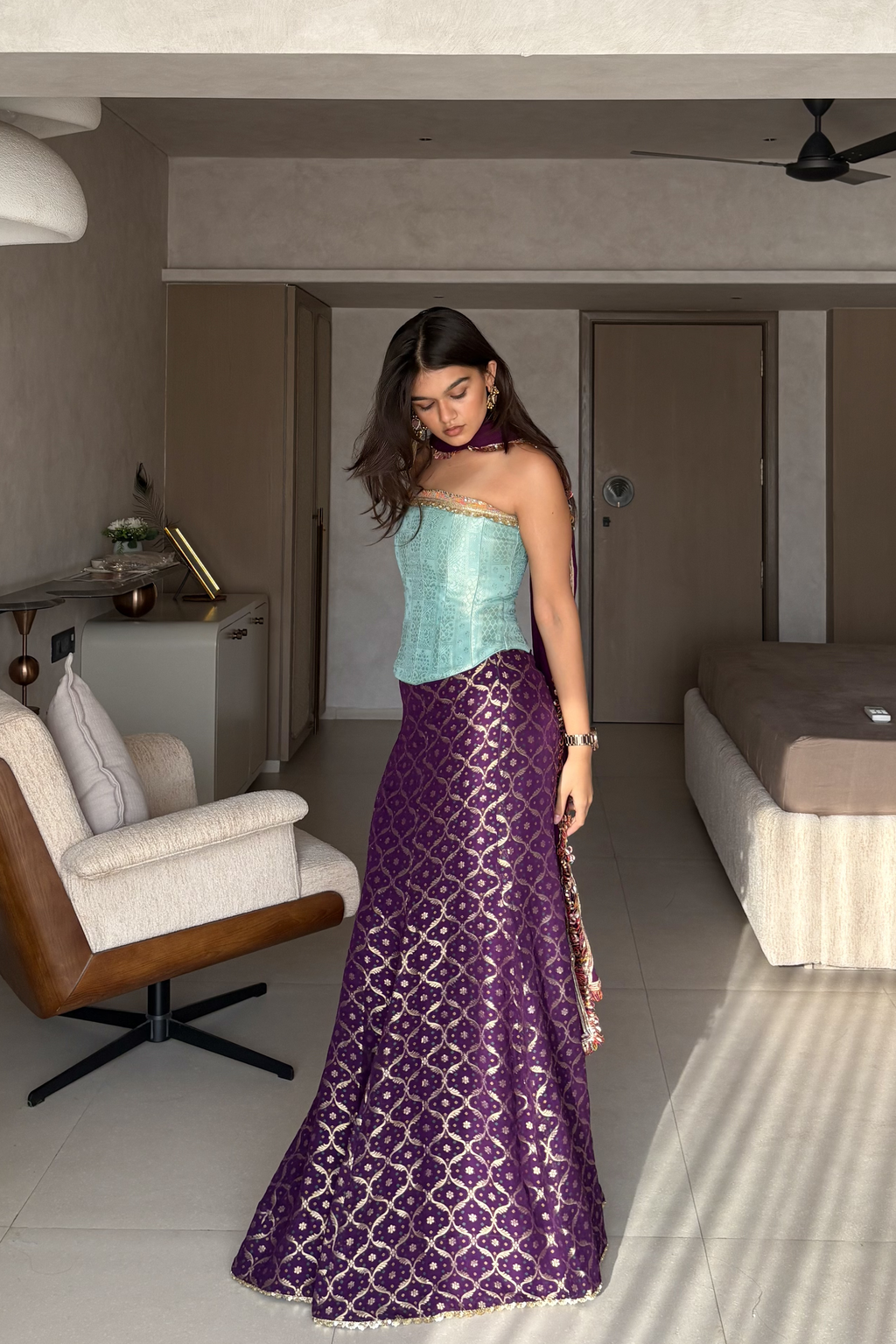 Purple Fishcut Lehenga Set with Aqua Blue Corset