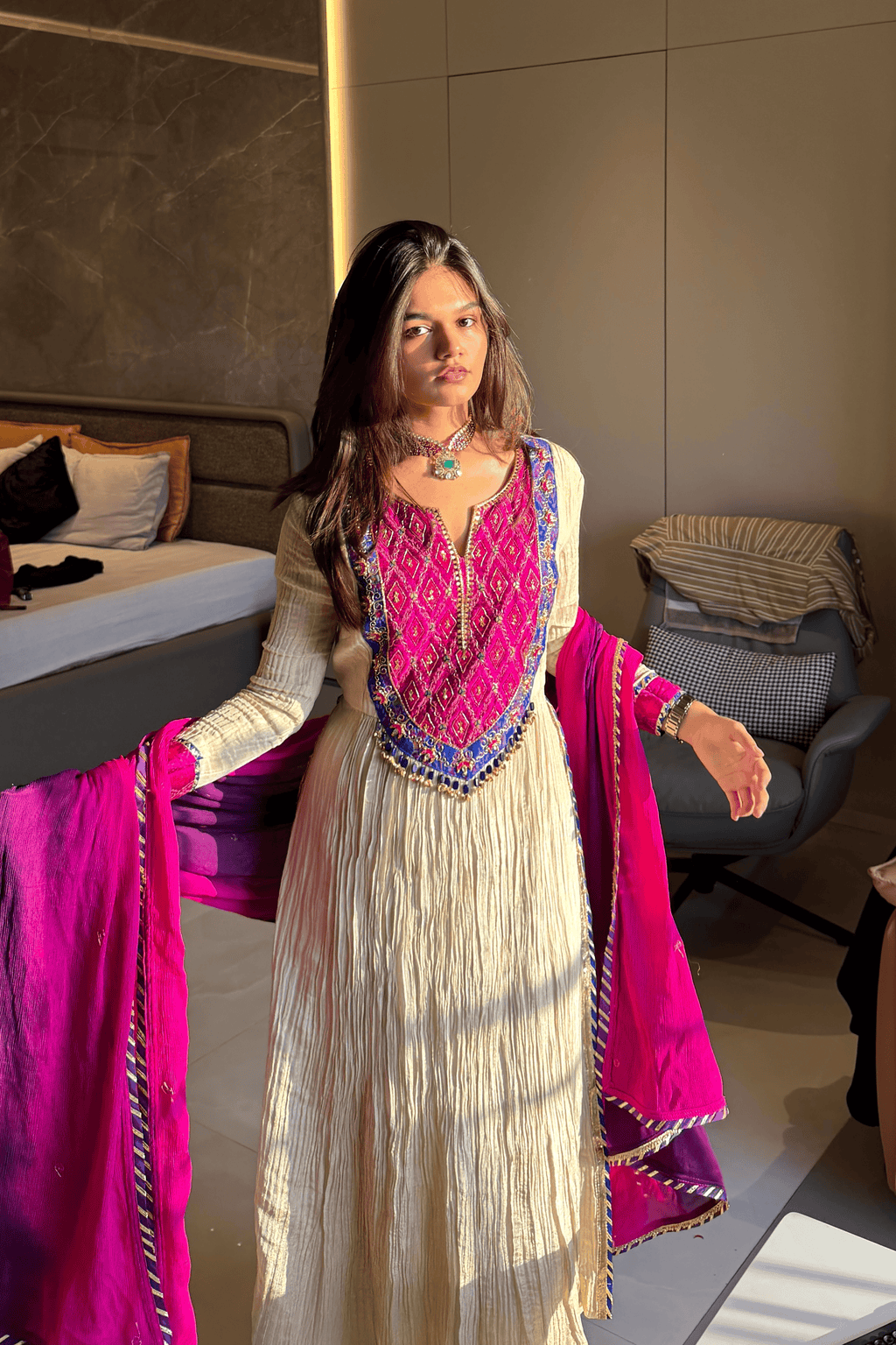 Noor - Light Gold Kurta Set with Pink Hand-Embroidered Ikat Patch