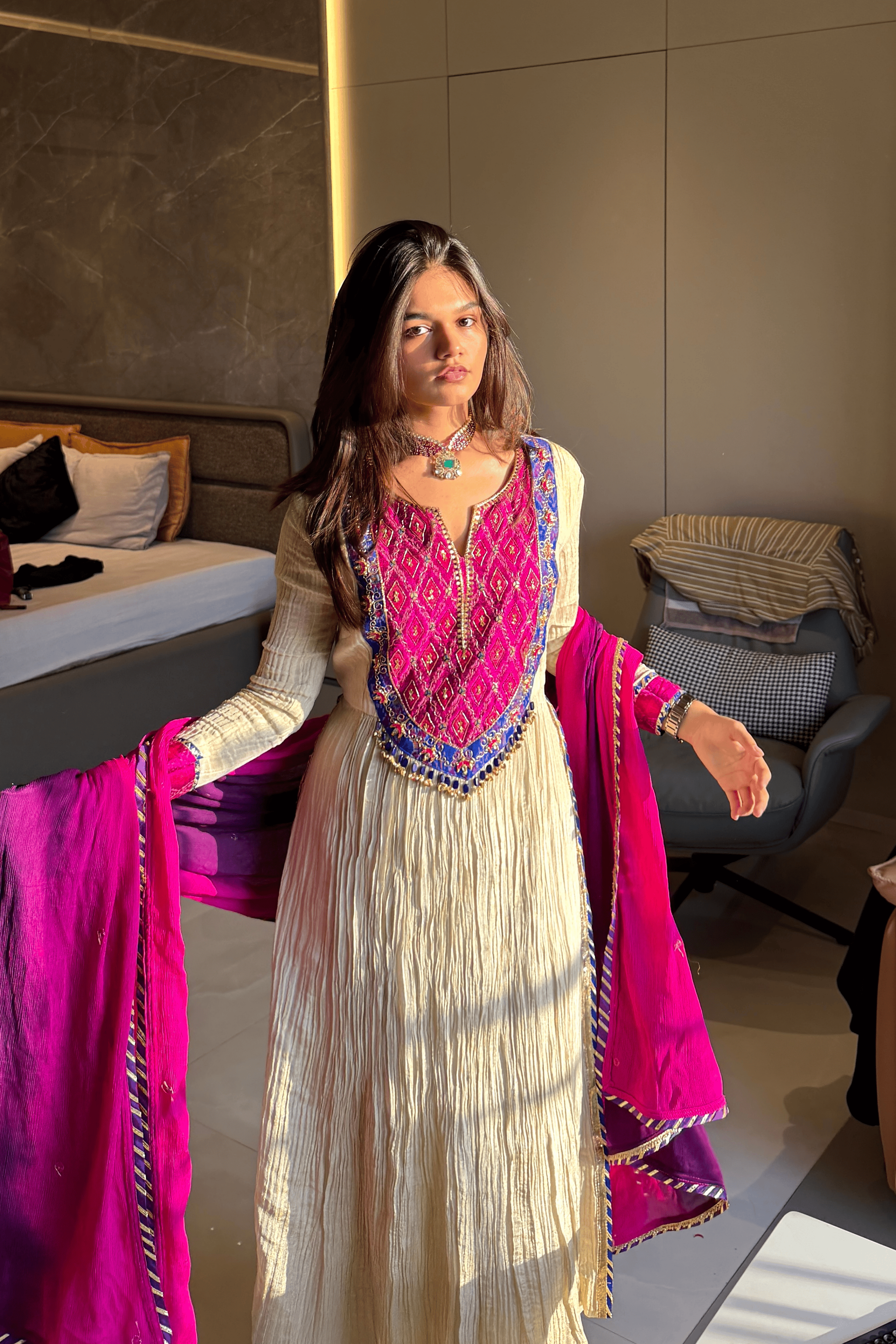 Noor - Light Gold Kurta Set with Pink Hand-Embroidered Ikat Patch