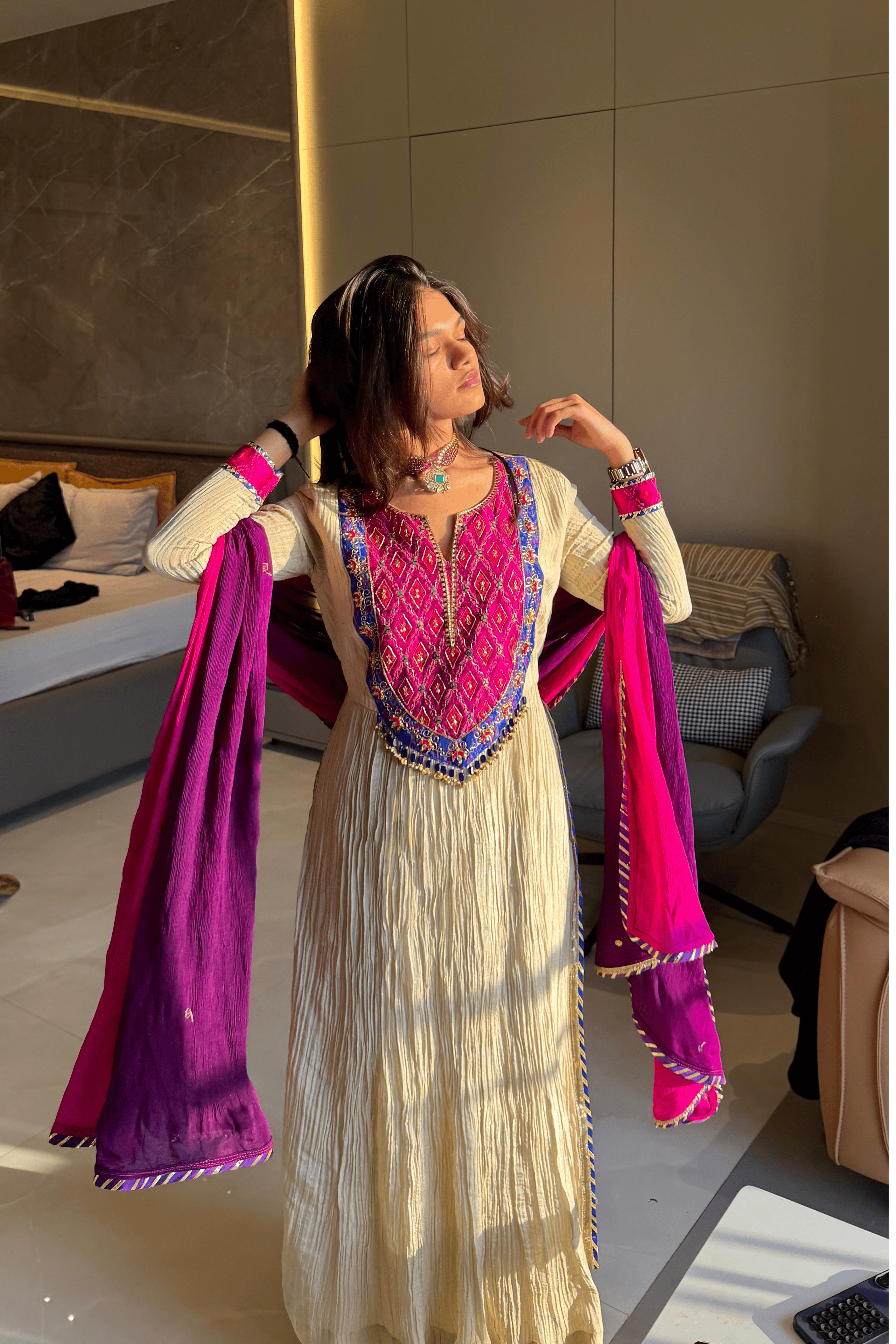 Noor - Light Gold Kurta Set with Pink Hand-Embroidered Ikat Patch