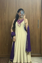 Raya - Rose Gold Anarkali Set with Orange Hand Embroidered Ikat Patch