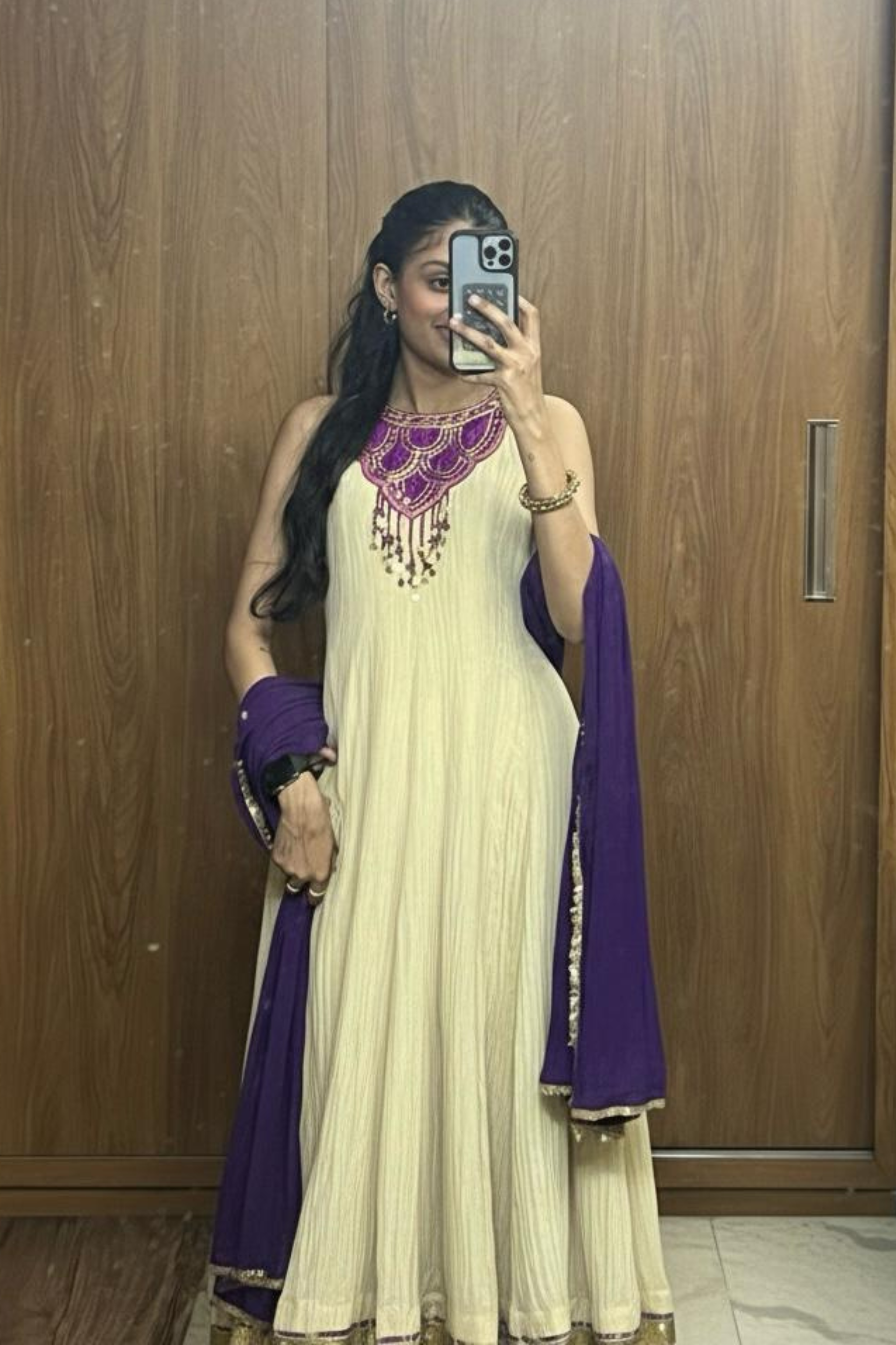 Raya - Light Gold Anarkali Set with Purple Hand Embroidered Ikat Patch