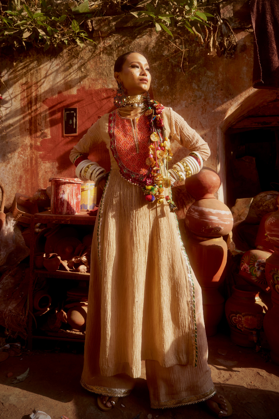 Noor - Rose Gold Kurta Set with Orange Hand Embroidered Ikat Patch