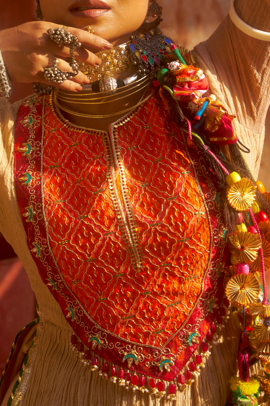 Noor - Rose Gold Kurta Set with Orange Hand Embroidered Ikat Patch