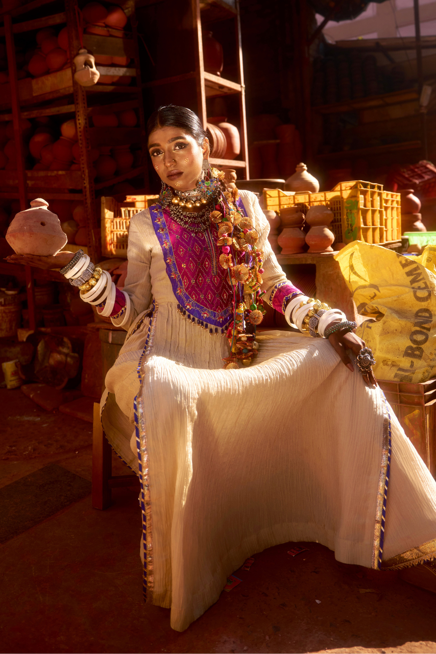 Noor - Light Gold Kurta Set with Pink Hand-Embroidered Ikat Patch