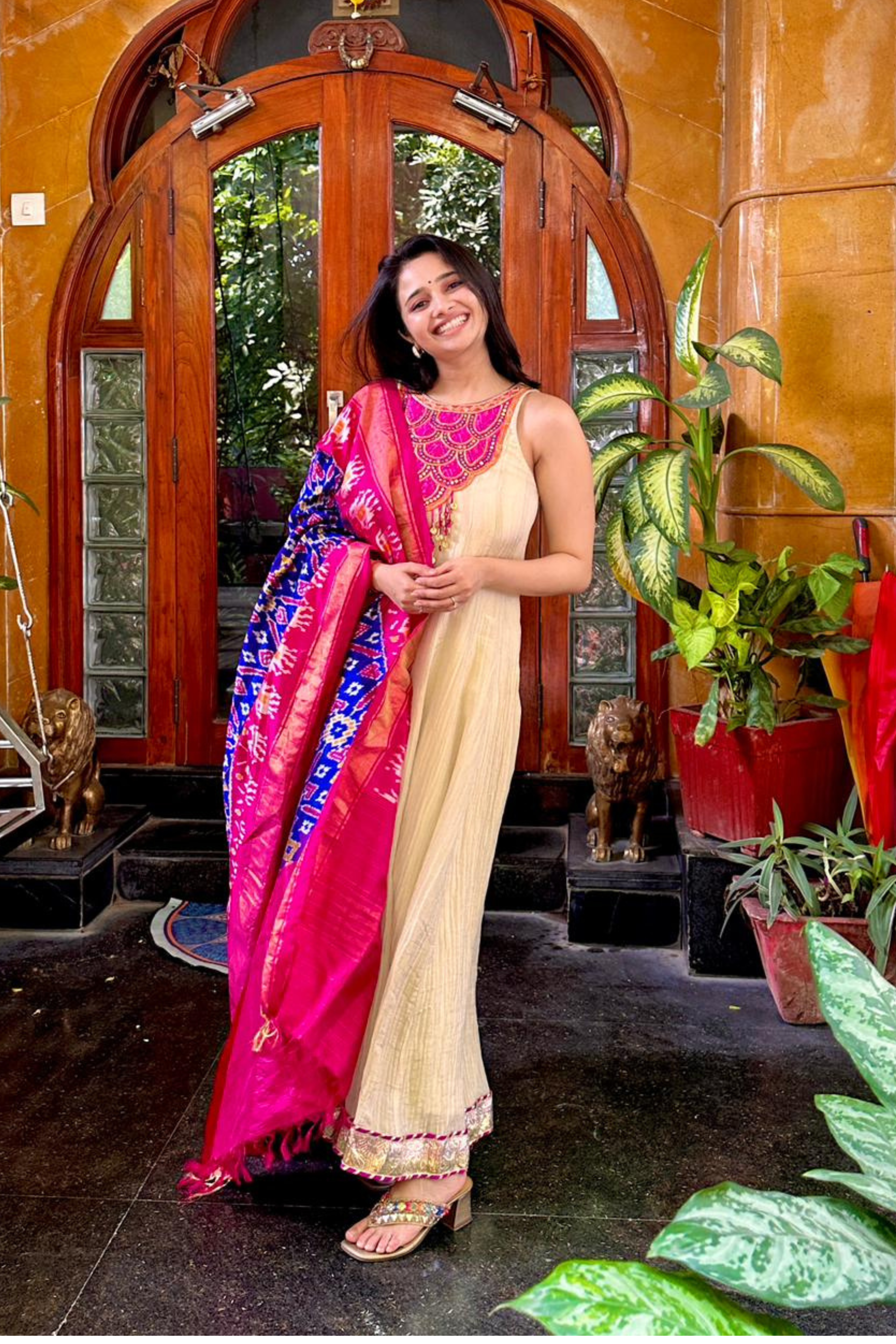 Raya - Light Gold Anarkali Set with Purple Hand Embroidered Ikat Patch