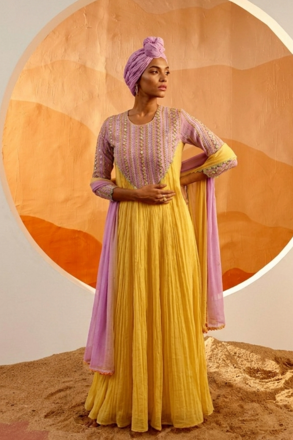 Lavendar Sun - Lemon Yellow Anarkali Set with Lilac Hand Embroidered Patch