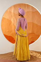 Lavendar Sun - Lemon Yellow Anarkali Set with Lilac Hand Embroidered Patch