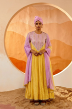 Lavendar Sun - Lemon Yellow Anarkali Set with Lilac Hand Embroidered Patch