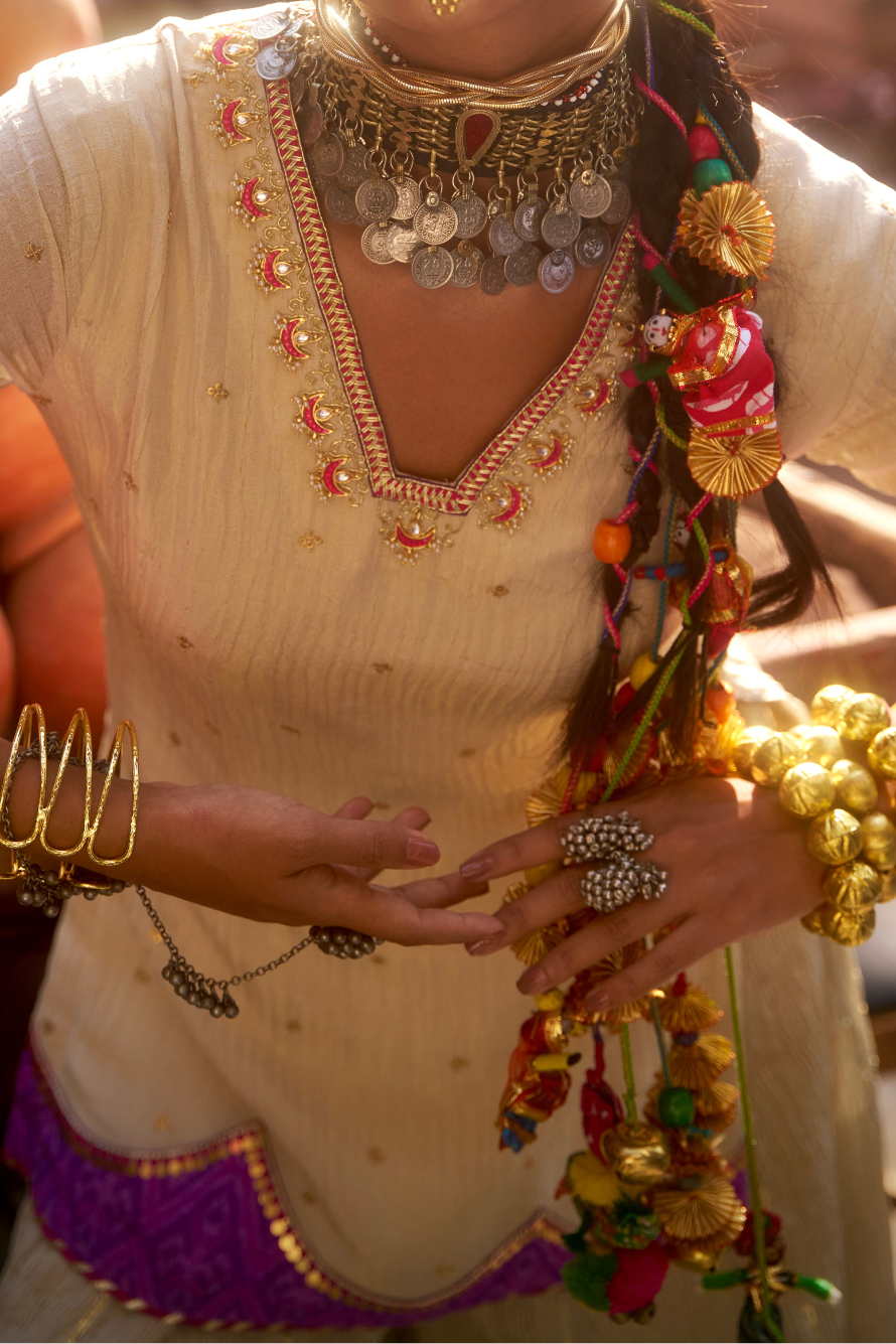 Zubaida- Light Gold Palazzo Set with Purple Hand Embroidered Ikat Scallops