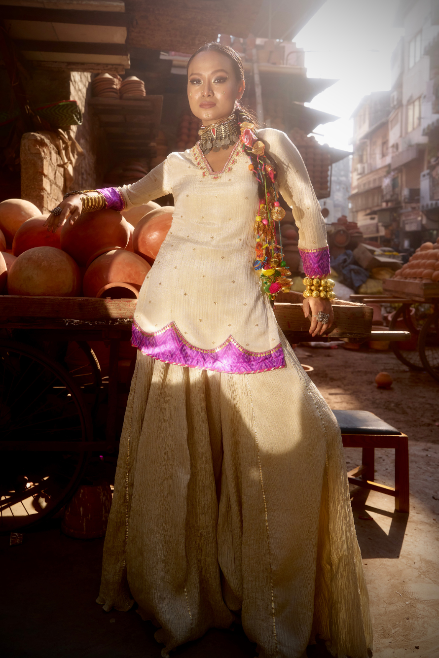 Zubaida- Light Gold Palazzo Set with Purple Hand Embroidered Ikat Scallops
